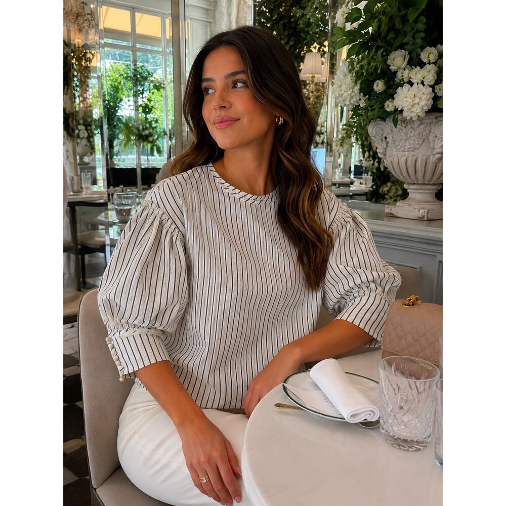 Tuckernuck | Blue Linen Stripe Puff Sleeve Top - Picture 2 of 9